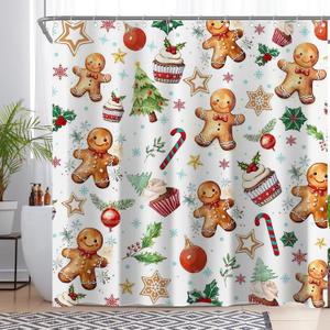Gingerbread Shower Curtain for Bathroom Christmas Cookies Candy Xmas Tree Stars Snowman Home Decorations Sets with 12 Hooks Waterproof Polyester 72" x 72"