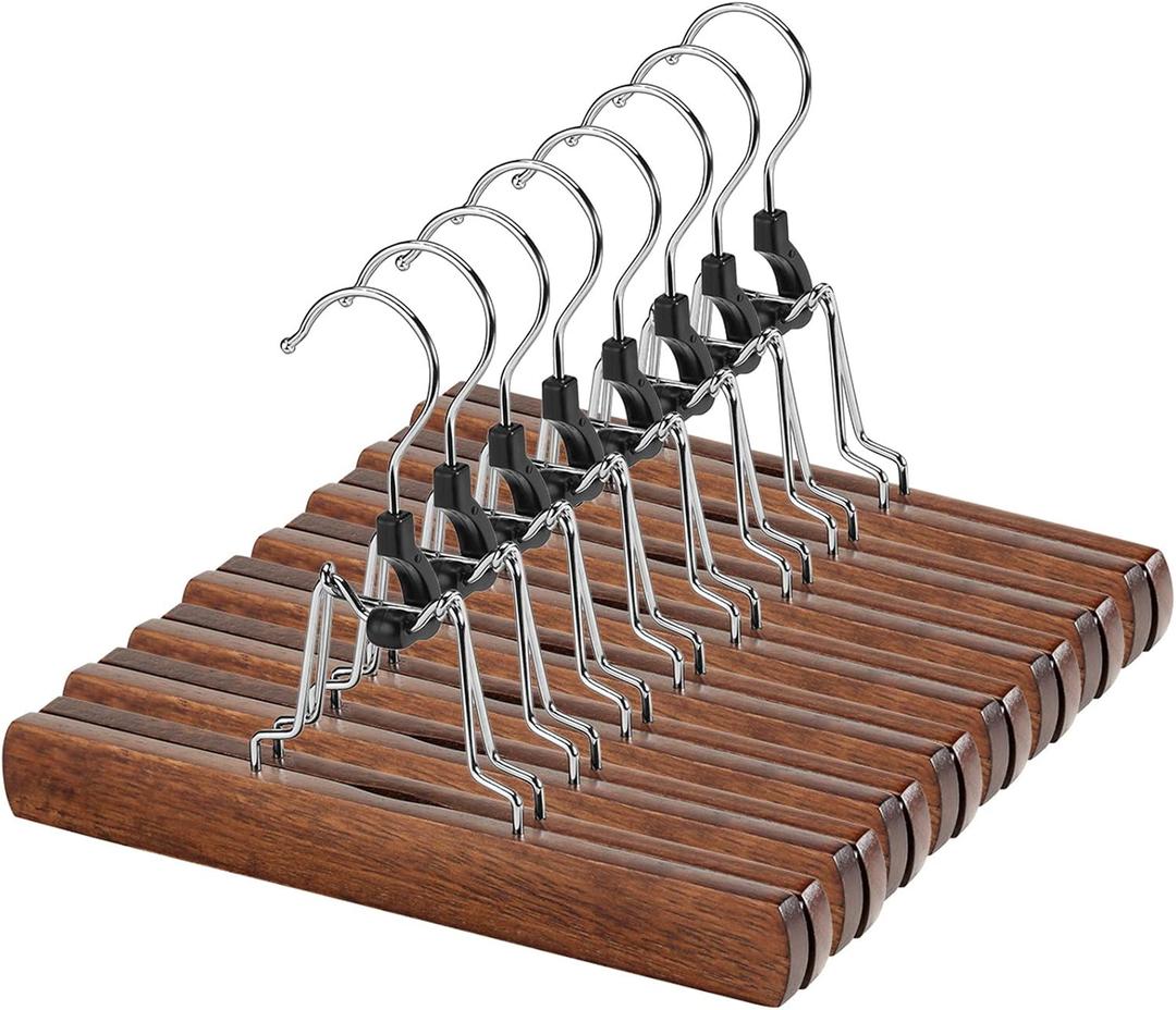 AMKUFO 12 Pack Wooden Pants Hangers with Clips Non Slip Skirt Hangers Walnut Trouser Clamp Hanger Solid Wood Hanger with 360 Swivel Hook