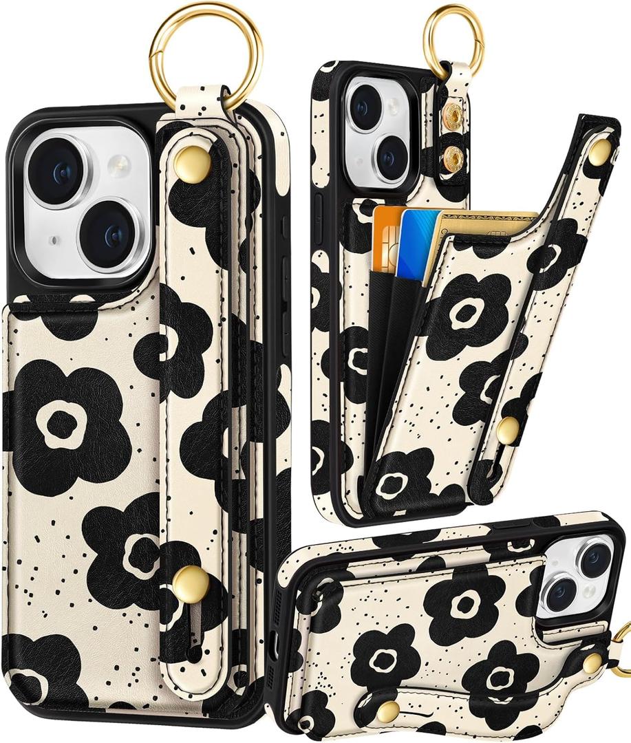 Petitian for iPhone 15 Plus Case with Wallet - Women Girls Cute Girly Aesthetic Unique Design with Leather Credit Card Holder Cardholder Stand Wristband for Apple 15 Plus, Black Flower