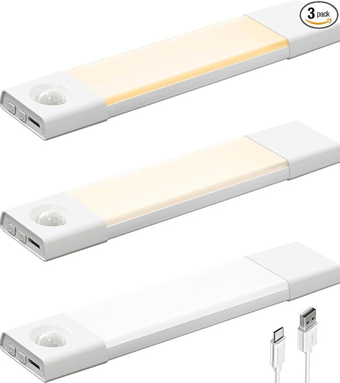 EZVALO 3 Pack 8” Motion Sensor Light Indoor Rechargeable, Stick on Under Cabinet Lighting Wireless, 30 LEDs Closet Light, Dimmable, 3 Color Temps, Counter Lights for Wardrobe, Pantry, Bedroom, Kitchen