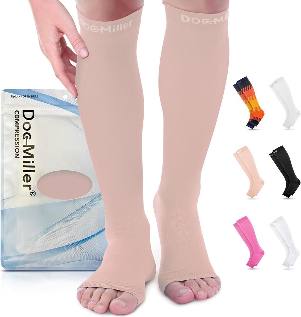 Doc Miller, Open Toe Compression Socks, 8-15 mmHg, Toeless, Support Circulation, Shin Splints, Calf Recovery, Varicose, Knee High, Medical Grade, Skin/Nude Socks, Large Size for Men & Women, Pair