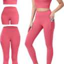 3 Piece Workout Sets for Women High Waisted Leggings with Pockets Tummy Control Biker Shorts Yoga Sports Bra,Small
