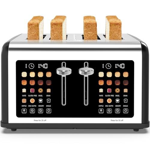 4 Slice Toaster Touch Screen, Stainless Steel Toasters Digital Timer, Dual Control Panel Toasters, 8 Shade Settings 6 Bread Types for Bagel, Cancel, Defrost 1650W Black
