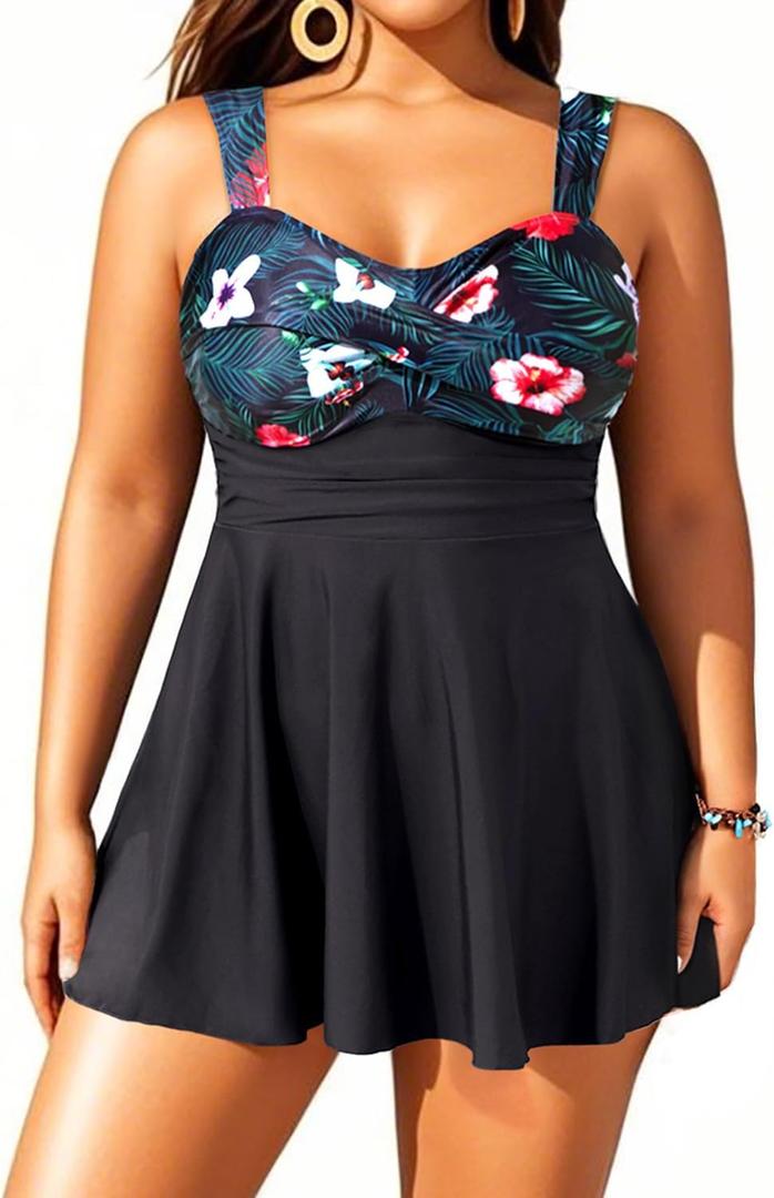 Aqua Eve Plus Size Two Piece Swimsuits for Women Tankini Bathing Suits Flowy Swim Dress with Shorts (Floral Black-1, 22W)