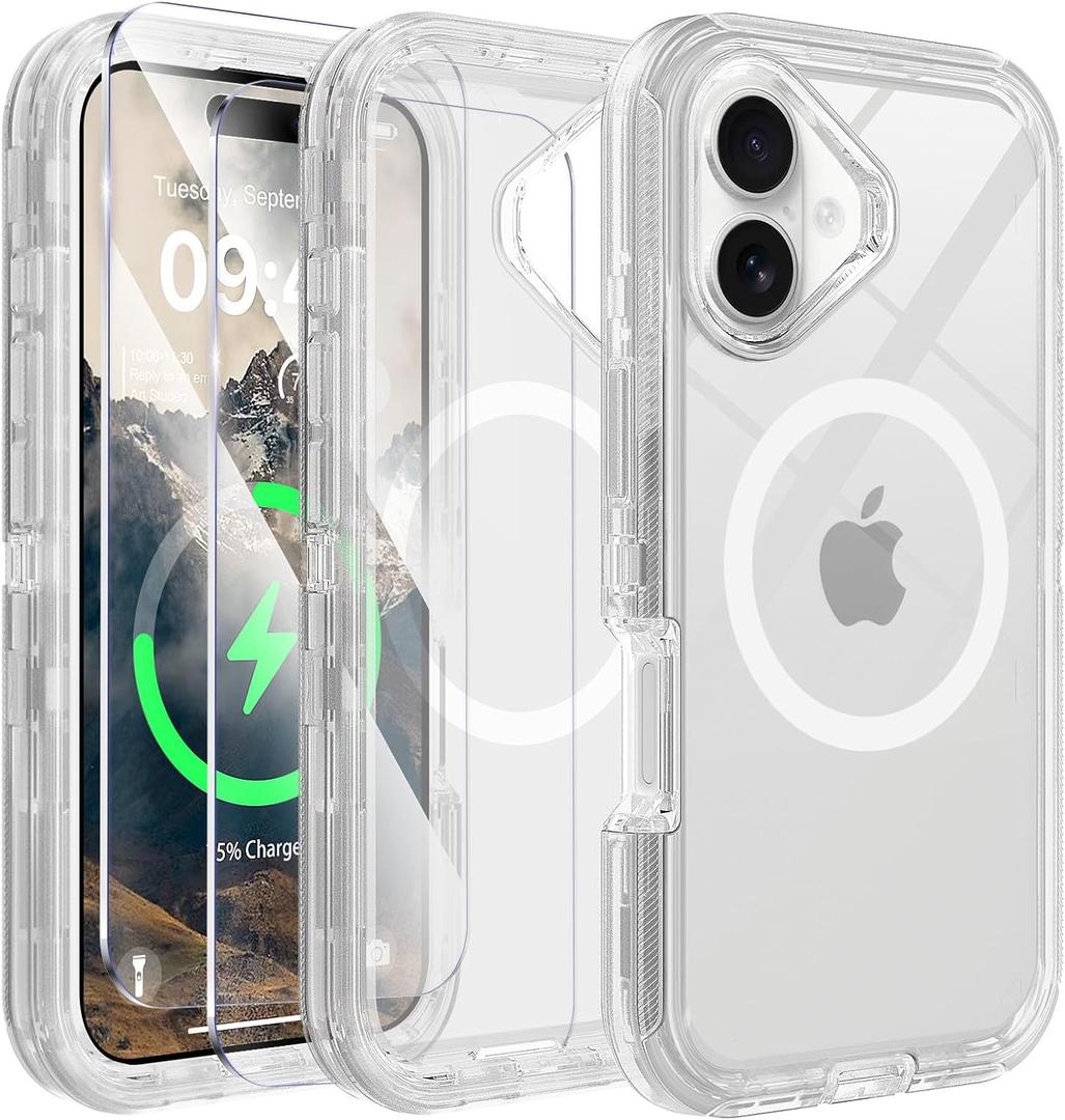 TUTUKII Compatible with iPhone 16 Case with Screen Protector, Shockproof, Compatible with MagSafe, 3-Layer Drop Protection, Heavy Duty Magnetic Phone Case Cover, 6.1", Crystal Clear
