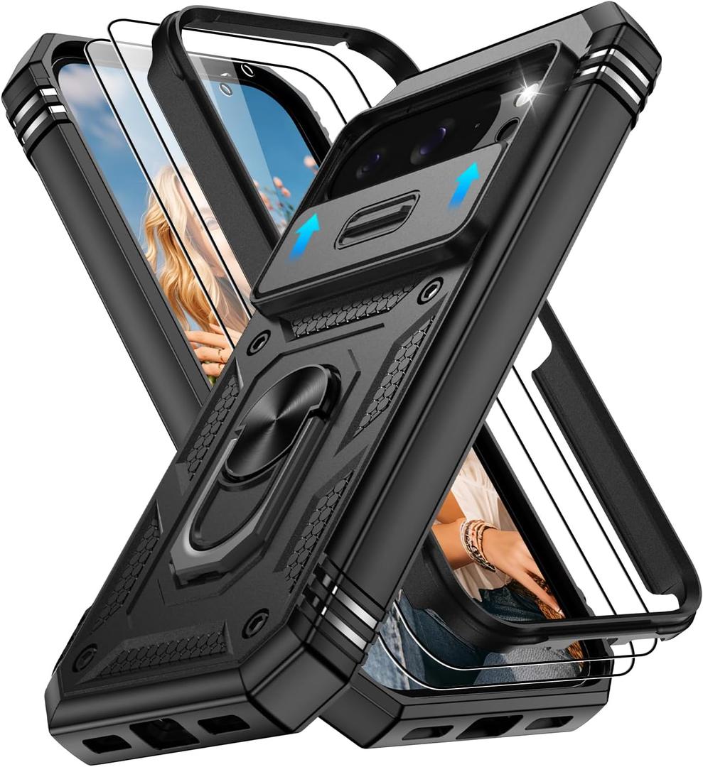 for Google Pixel 10 Case/Pixel 10 Pro Case with 2PCS Screen Protector, Build in 360 Rotating Ring Kickstand, Military Grade Protective Cover for Google 10/10 Pro Phone, Black
