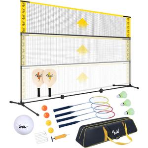 3-in-1 Portable Badminton, Volleyball & Pickleball Net Set for Adults, Adjustable Height 34"7 ft for Backyards or Beach, Outdoor Sports Combo with Carry Bag, Rackets, Paddles & Balls