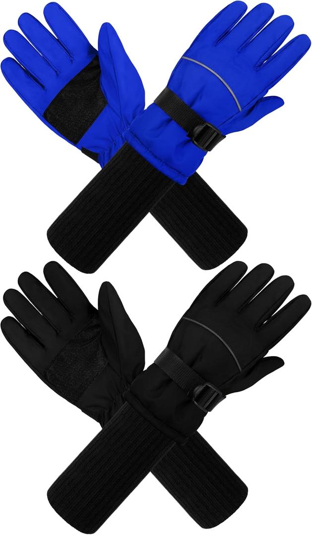 Cooraby 2 Pack Long Kids Winter Ski Gloves Waterproof Warm Snow Gloves Thick Unisex Mitten Gloves for Girls Boys (6-10 Years, Black, Royal Blue)