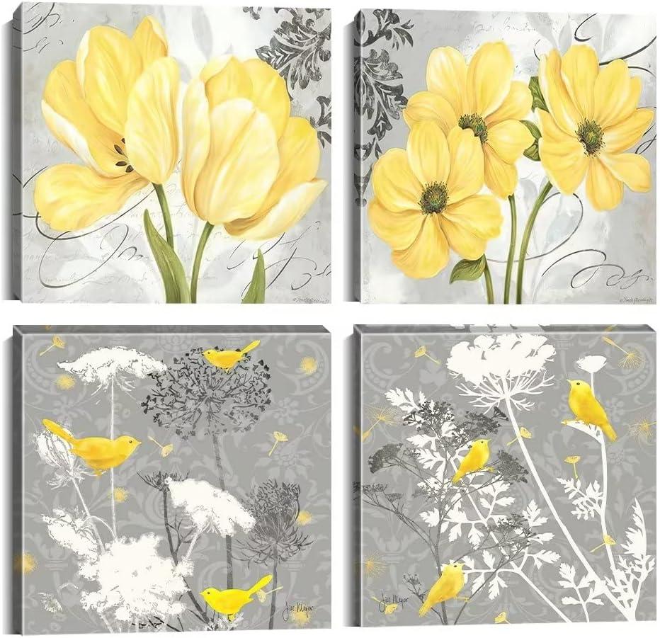 Wall HDQ Yellow Gray Picture Wall Art for Bathroom Wall Decor Flowers Canvas Prints Framed 4 Panels (16 x 16 in (4 Piece))