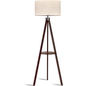 LEPOWER Tripod Floor Lamp, Mid Century Wood Standing Lamp, Modern Design Shelf Floor Lamp for Living Room, Bedroom, Office, Flaxen Linen Shade with E26 Lamp Base Walnut