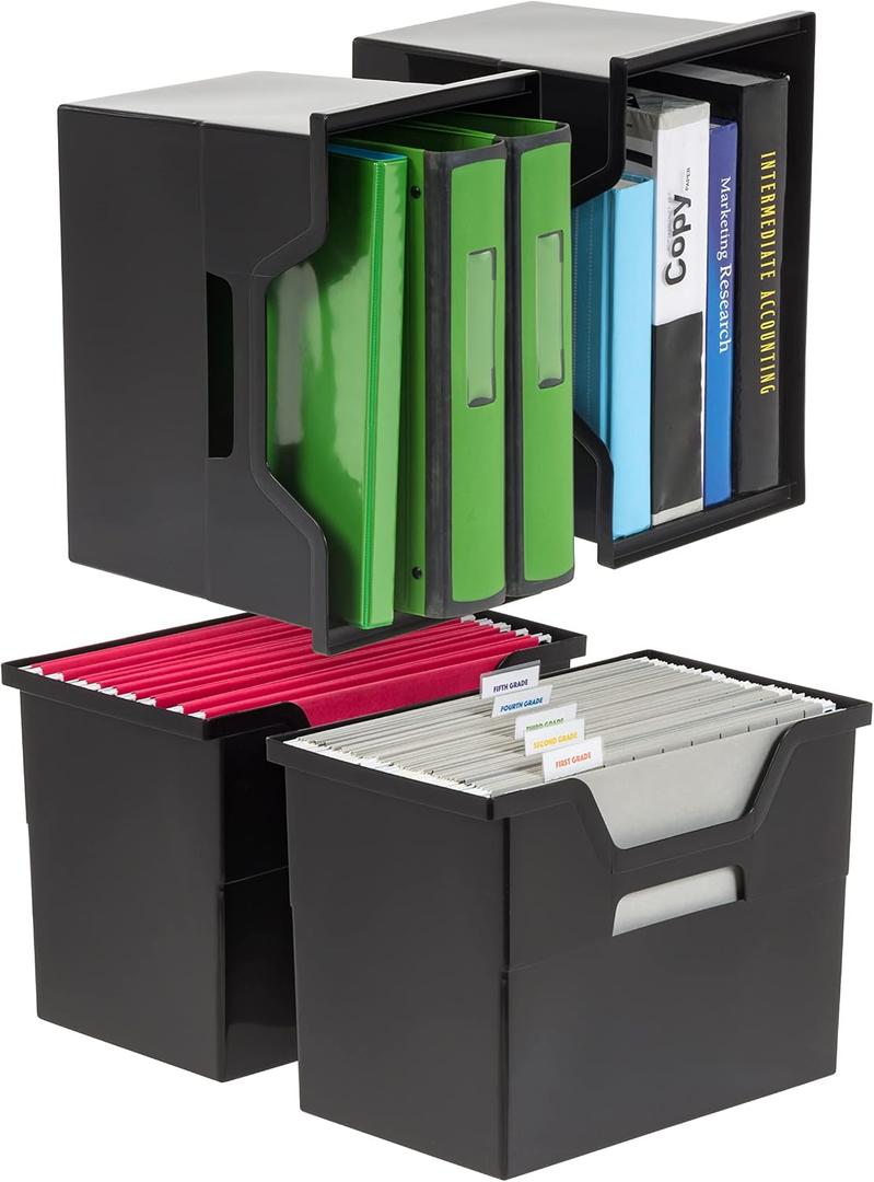 IRIS USA 4-Pack Large Desktop File Box with Open Lid, Black, Capacity: 0.598 cubic_feet, 13.38"L x 7.88"W x 9.8"H