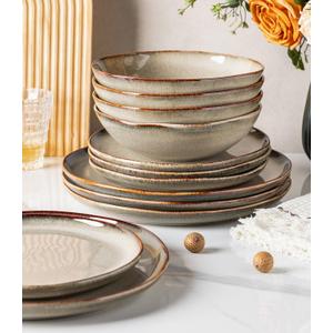 GBHOME Stoneware Dinnerware Sets for 4,12 Pieces Rustic Earthenware Plates and Bowls Set,Handmade Reactive Glaze Ceramic Plate Sets, Chip Resistant Dishes, Microwave & Dishwasher Safe,Driftwood Taupe
