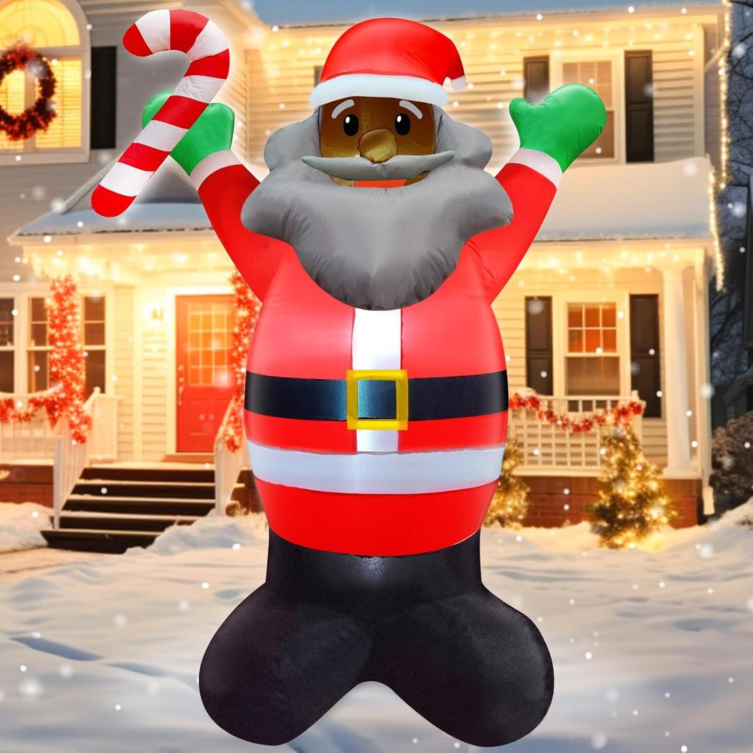 TURNMEON 5 Ft Christmas Inflatables Outdoor Decoration Black Santa Claus Hold Candy Cane Blow Up African American Christmas Decorations with LED Lights for Yard Garden Home Party Xmas Holiday Decor
