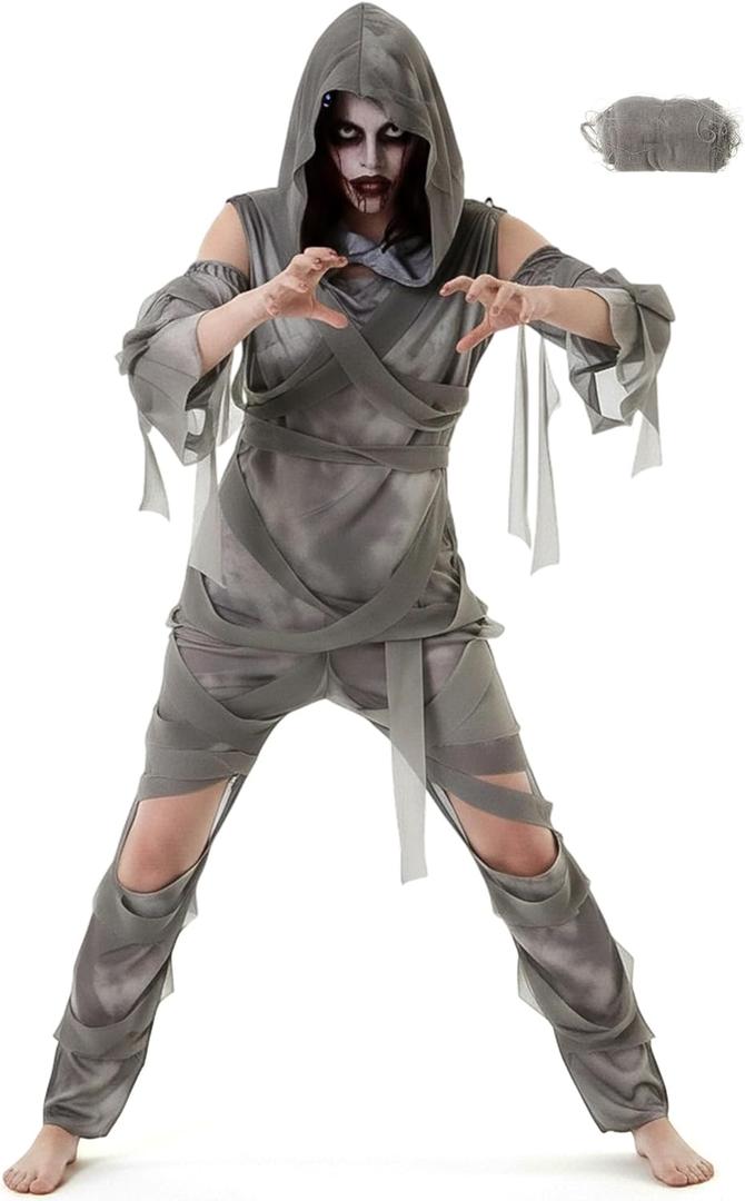 Mepase 4 Pcs Halloween Mummy Costume Zombie Costume for Men Women, Include Top Pants Sleeves Bandage Mummy Wrap Cosplay (Medium, Gray)