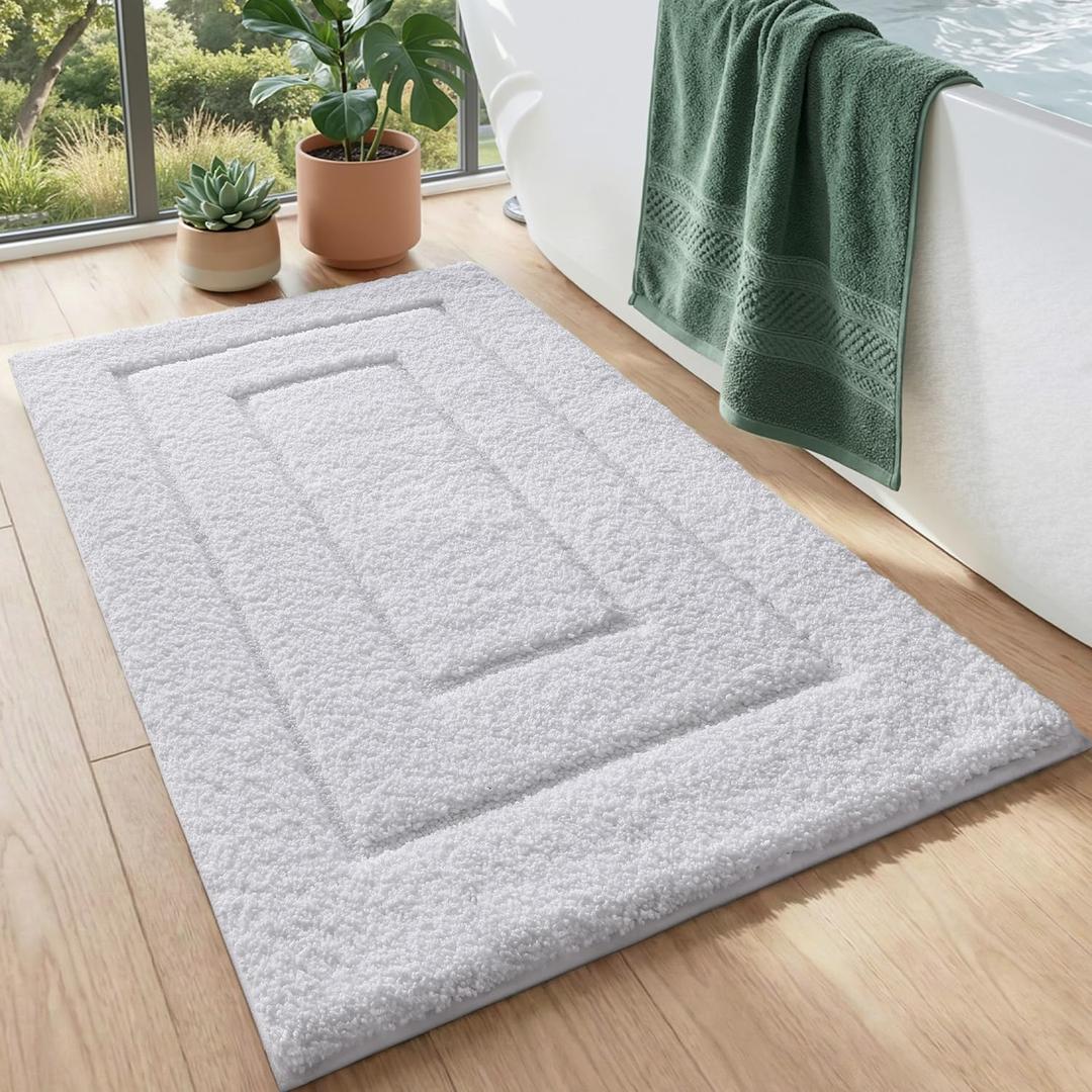 DEXI Bathroom Rug 24x16, Non Slip Washable Bath Mat for Shower Floor, Absorbent Soft Bathmat with Rubber Backing, Quick Dry Microfiber Carpet, White