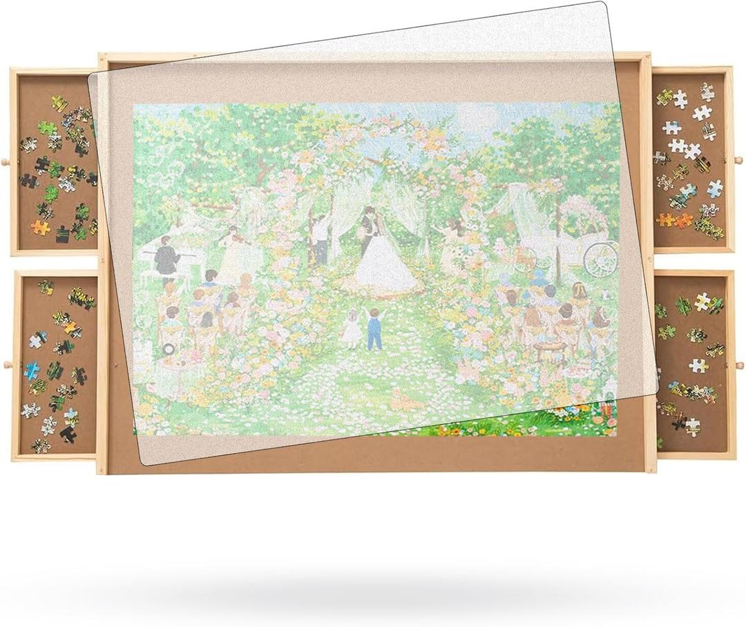 500 Piece Puzzle Board with Drawers, Small Puzzle Board 14" x 28" Jigsaw Puzzle Table with Cover Mat, 4 Drawers, Small Puzzle Table, Birthday Gifts, Standard