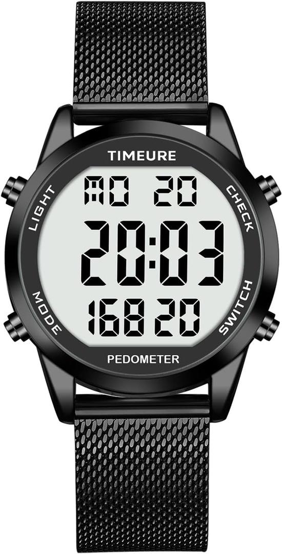 Men's Pedometer Watch with Stainless Steel Bracelet,Step Counter Watch No App, No Charging Needed for Ourdoor Walking, Calorie, Distance, Alarm, Countdown Timer Watch TU-2306B TIMEURE (BLACK)
