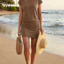 Wenrine Womens Summer Mini Dress 2026 Casual Short Sleeve Crewneck Beach Vacation Ruched Bodycon T Shirt Dresses (Beige, S)