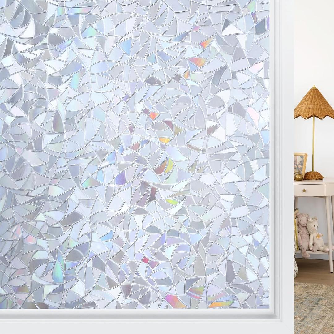 Haton Window Privacy Film, Stained Glass Rainbow Film Decorative Window Clings, Static Cling Sun Blocking Sticker, One Way Cover Tint for Home Heat Control, Non-Adhesive, Silver 17.5" x 78.7"