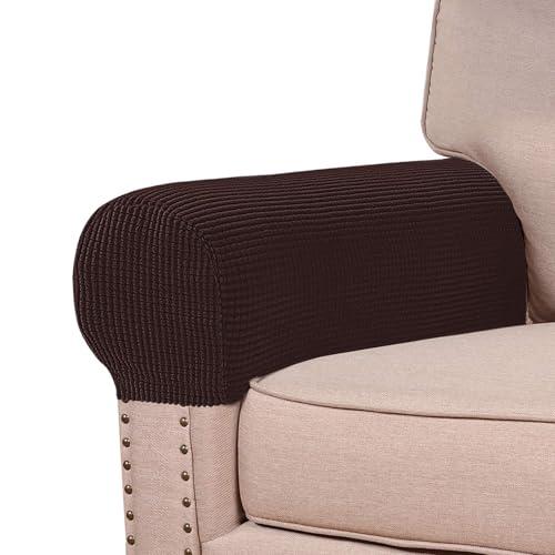 Turquoize Stretch Armrest Covers for Chairs and Sofas Couch Arm Covers for Sofa Spandex Jacquard Armrest Cover Anti-Slip Furniture Protector Washable Armchair Slipcovers for Recliner Set of 2, Brown