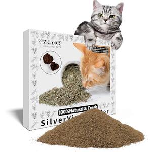 YWAOOH Cat Toys - Blend Silvervine Powder 45g with 5 Reusable Pouches, Catnip Alternative, 100% Natural Silver Vine Gall Fruit Powder & Silvervine Leaves, Suitable for All Cat Ages