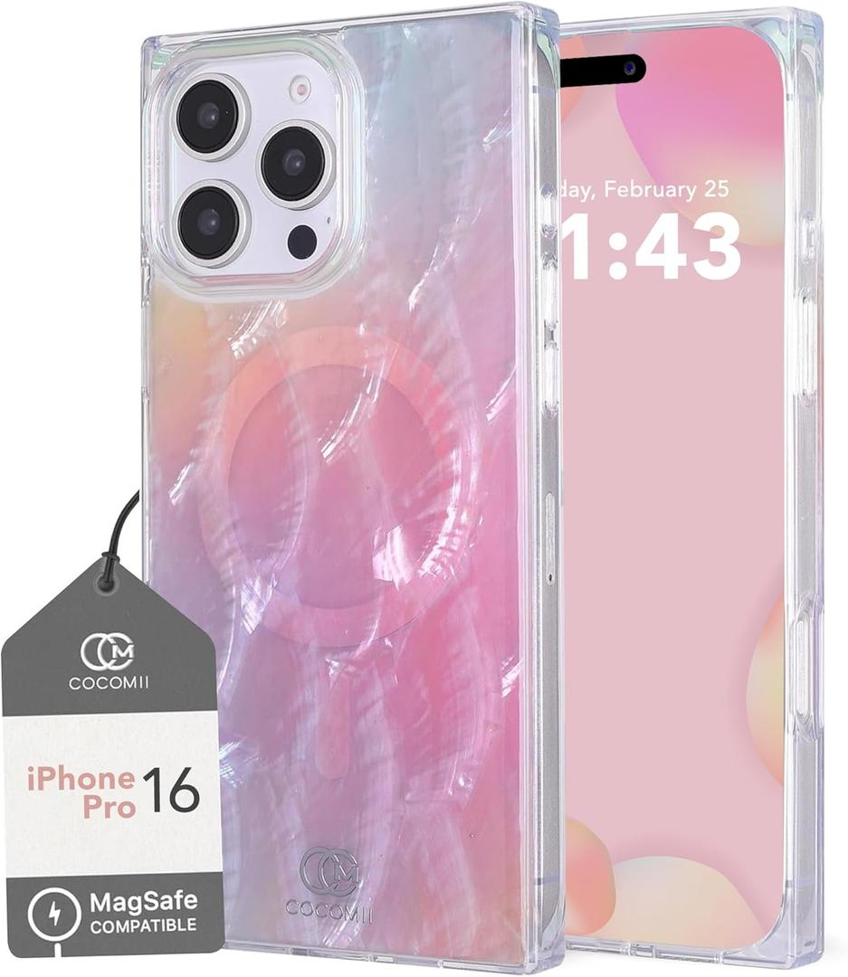 Cocomii - Rectangle Case Compatible with iPhone 16 Pro - Compatible with MagSafe, Real Mother of Pearl, Opalescent Seashell, Glossy, Magnetic Phone Case for iPhone 16 Pro 6.3 inch, Pink