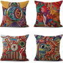 ArtSocket Set of 4 Linen Throw Pillow Covers Mexican Huichol Decorative Pillow Cases Home Decor Square 17.5x17 inches Pillowcases
