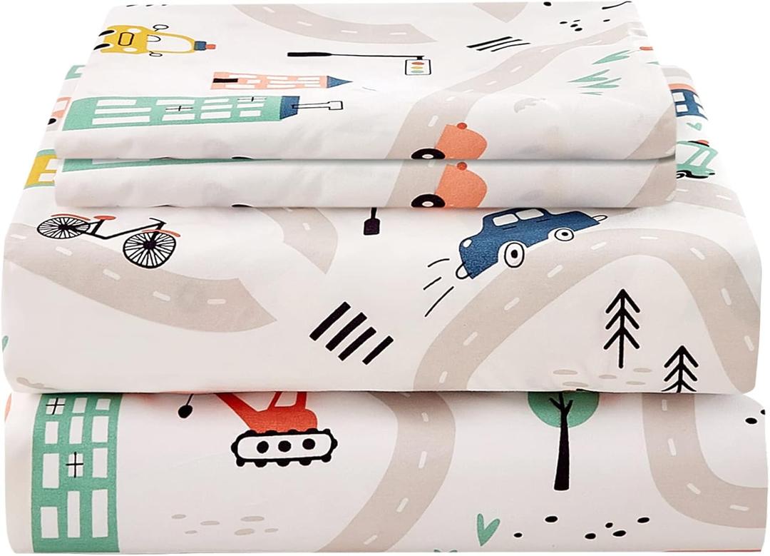 JSD Car Kids Printed Sheet Set Twin Size, 3 Piece Soft Microfiber Bed Sheets Deep Pocket