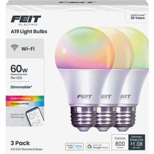 Feit Electric OM60/RGBW/CA/AG/3 60 Watt Equivalent WiFi Color Changing and Tunable White, Dimmable, No Hub Required, Alexa or Google Assistant A19 LED Smart Light Bulb, 3-Pack, Rgbw Multicolor, 60W