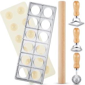 Geetery 5 Pcs Ravioli Mold Set 2 Inch Squares Ravioli Maker Cutter Include 1 Raviolis Maker Press 3 Pasta Cutter Stamp Makers 1 Wood Rolling Pin Pasta Making Tool for Home Kitchen Supplies (12 Holes)