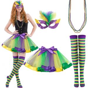 Syhood 6 Pcs Mardi Gras Costume Set, Sequined Tassels Tutu Skirt, Faux Feather Pattern Half Mask, Necklace and Long Socks (M)
