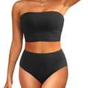 Tempt Me Women Bandeau Bikini Set Strapless High Waisted Two Piece Swimsuit Longline Bathing Suits (Large, Black)