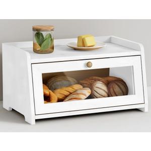 White Bread Box for Kitchen Countertop, Modern Counter Breadbox for Homemade Bread, Large Corner Bread Storage Container for Sourdough Loaf Organizers and Storage (White Bamboo Wood)