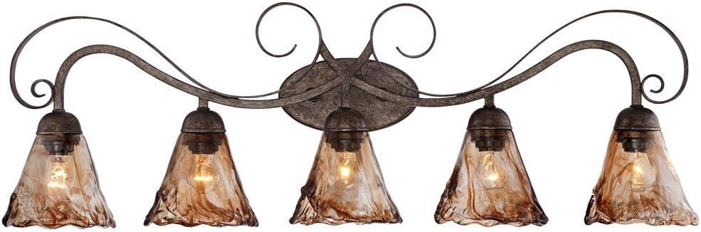 Franklin Iron Works Amber Scroll Rustic Vintage Wall Mount Light Golden Bronze Silver Metal 37 1/4" Wide 5-Light Vanity Fixture Organic Art Glass Shades Decor for Bathroom Over Mirror House Home