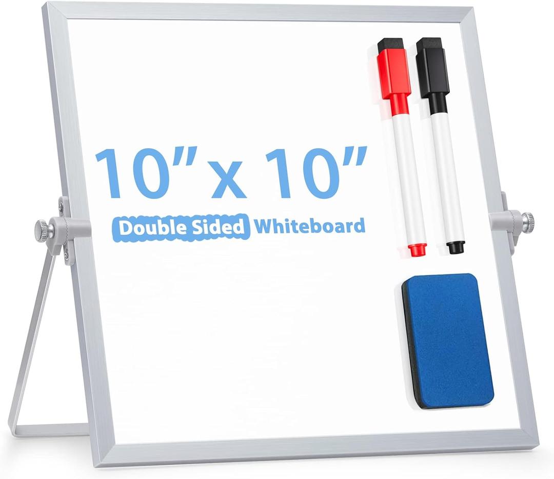 ARCOBIS Small WhiteBoard with Stand 10" X 10", Magnetic Double-Sided Dry Erase White Board Easel for Desk Students Home Office (Silver)