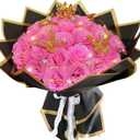 Pink Glitter Roses Bouquet, 24 Pcs Shiny Glitter Flowers Bouquet, Everlasting DIY Artificial Roses Bouquet for Christmas, Birthday, Anniversary, Wedding, Engagement
