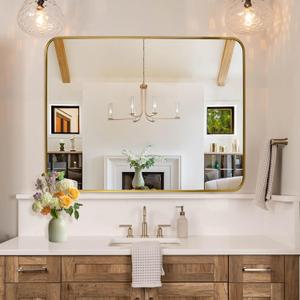 Gold Wall Mirror for Bathroom 28X36 Inch Stainless Steel Metal Frame Bathroom Vanity Mirror Rounded Rectangle Mirror Rustproof for Entryway, Living Room Hangs Vertically or Horizontally