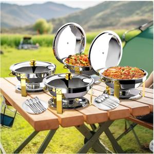 Chafing Dishes for Buffet 4 Pack, 5QT Round Stainless Steel Food Warmers with Semi-Gold Finish - Complete Buffet Set w/Tongs & Serving Spoon, Ideal for Parties, Catering, Weddings, Event