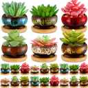 24 Pcs Ceramic Succulent Pots 2.5 Inch Small Plant Pots Indoor with Drainage and Bamboo Saucers Colorful Succulent Flower Planters for Garden Plants Home Decor(Round,1.2 Inch H)