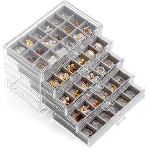 YUFONG Jewelry Organizer with 5 Drawers Clear Acrylic Earring Display Case Velvet Jewelry Storage Box Display Holder for Earring Ring Bracelet Necklace (Gray, 90 Grids)