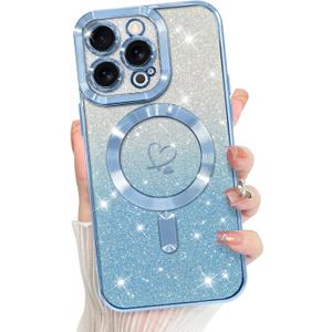 Bonoma Compatible with iPhone 13 Pro Max Case Support for MagSafe, Plating Heart Glitter Magnetic Case 2* Screen Protector TPU Camera Protection Back Cover for Girls Women -Blue