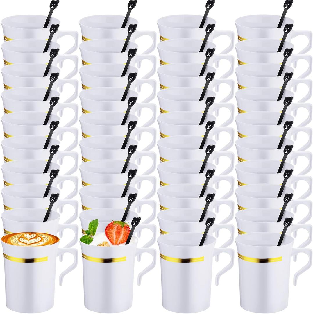 Bokon 100 Pcs Plastic Coffee Tea Cups Reusable 8 oz White Coffee Mugs Bulk with Handle and Spoon with Gold Rim Espresso Cup for Tea Cafe Milk Dessert Shop