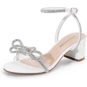 DREAM PAIRS Women's Double Bowknots Crystal Sandals Low Chunky Heels Clear Slingback Dress Shoes for Wedding Bridal Party (White) 7.5