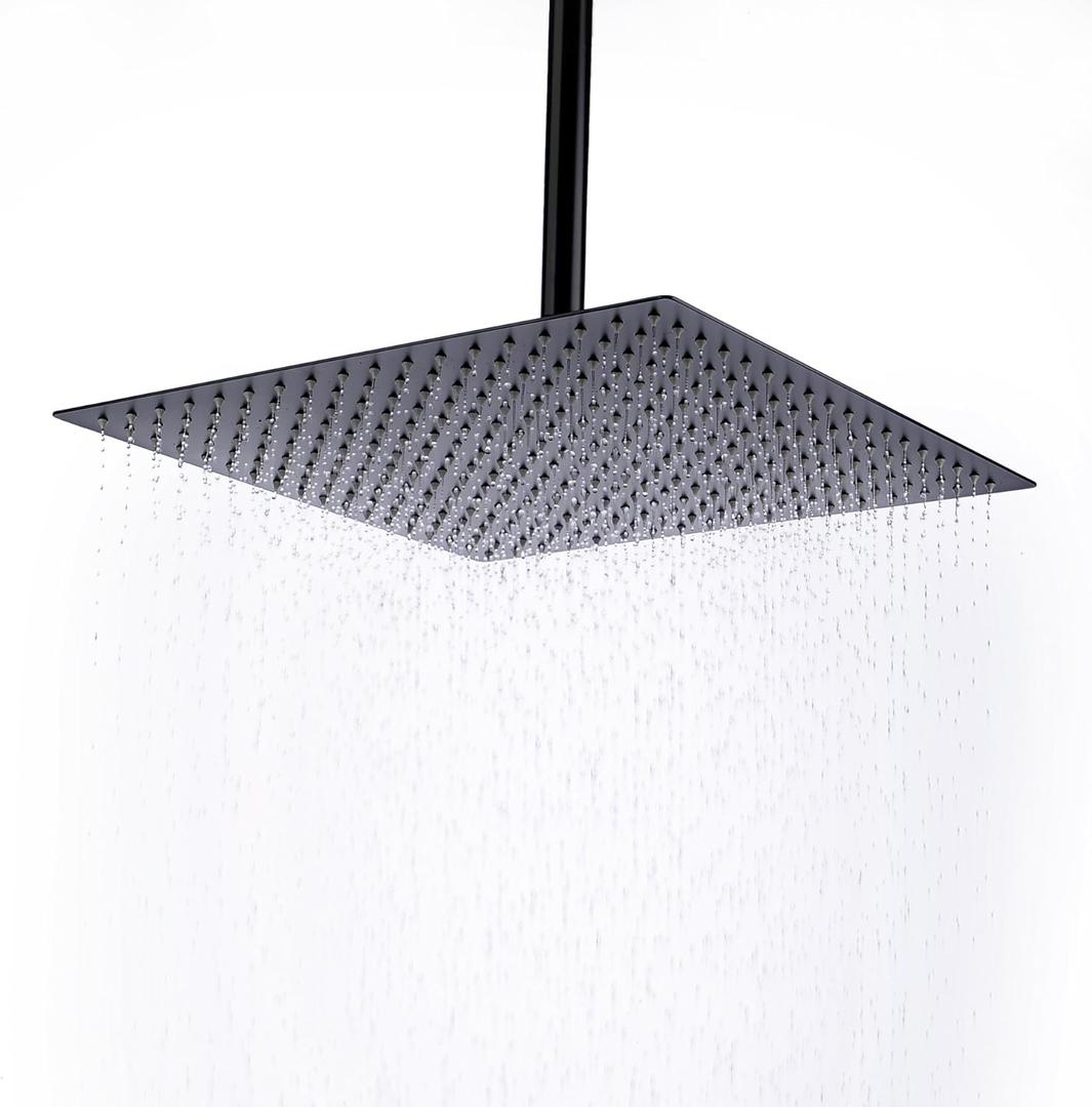 Shower Head,16 Inch Ultra Thin High Pressure Fixed Rain Showerhead Matte Black with Silicone Nozzle - Adjustable Metal Swivel Ball Joint - For the Best Relaxation and Spa