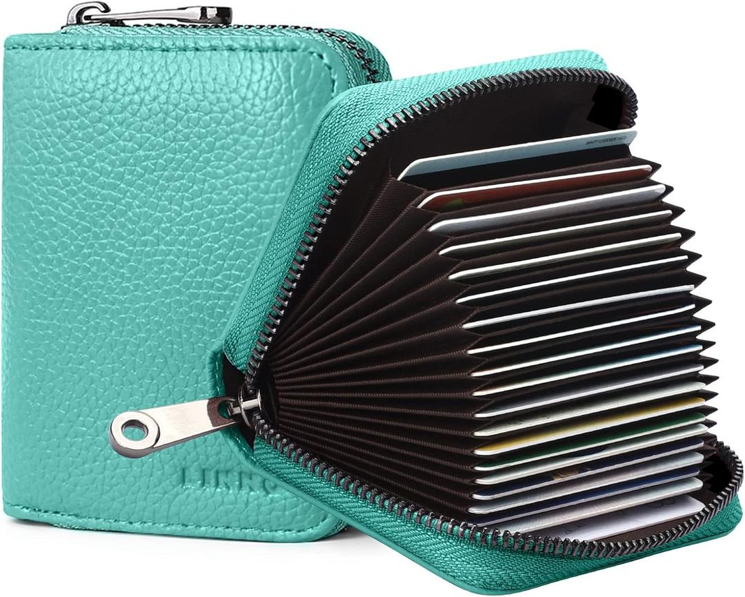 Linno RFID 20 Slots Credit Card Holder Genuine Leather Small Wallet for Women or Men with Zipper