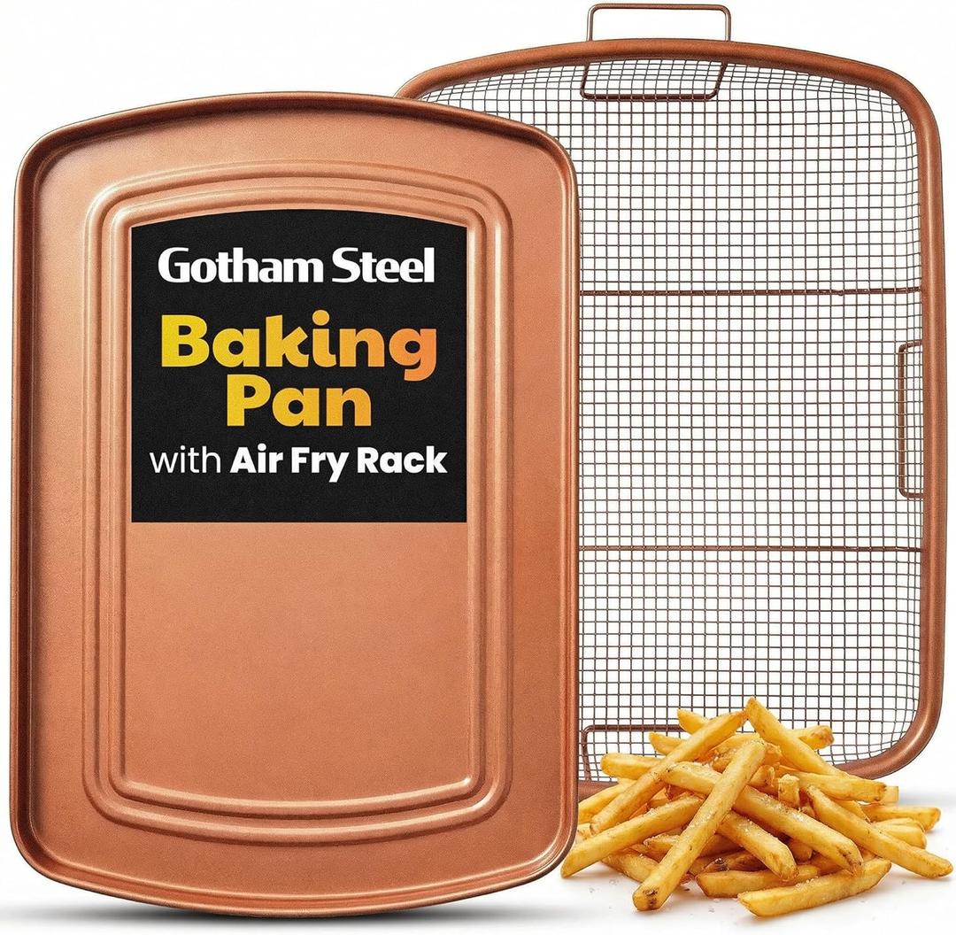 Gotham Steel Baking Sheet with Air Fry Rack, 16.5 x 12.5, 2 Pc Multipurpose Air Fryer Tray and Cookie Sheet Pan for Oven, Use as Cooling Wire Rack, for Cooking, Pizza, Bacon, Dishwasher Safe
