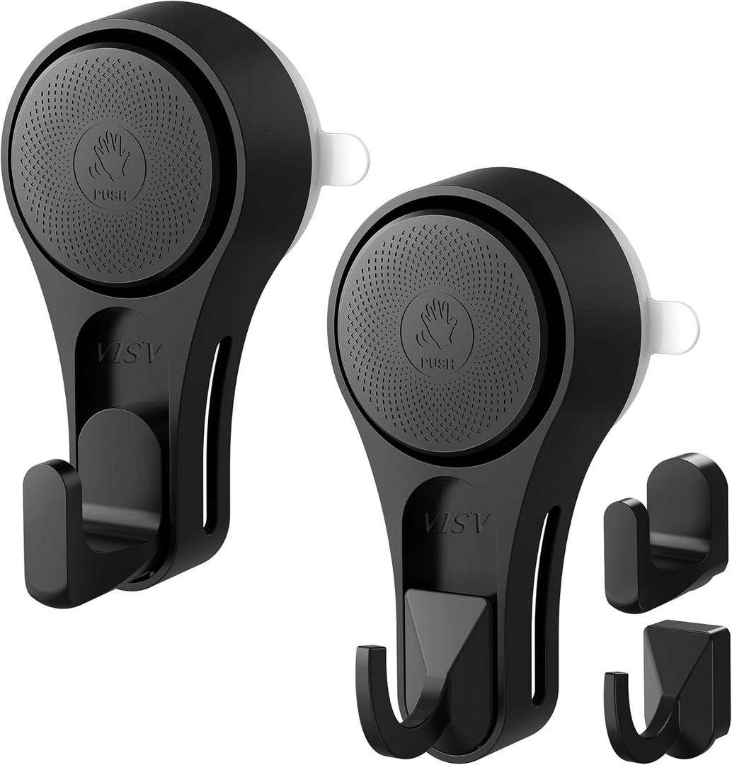 VIS'V Shower Suction Cup Hooks, 2 Types of Hooks, Heavy Duty, Removable and Reusable, Black, 2 Pcs
