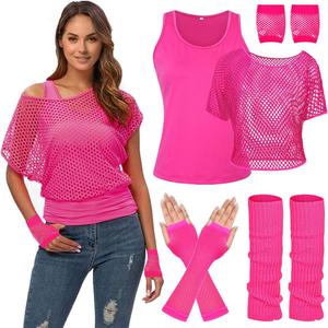 WILDPARTY Women Casual Sexy 80s Costumes Fishnet Neon Off Shoulder T-Shirt (Medium, Pink)
