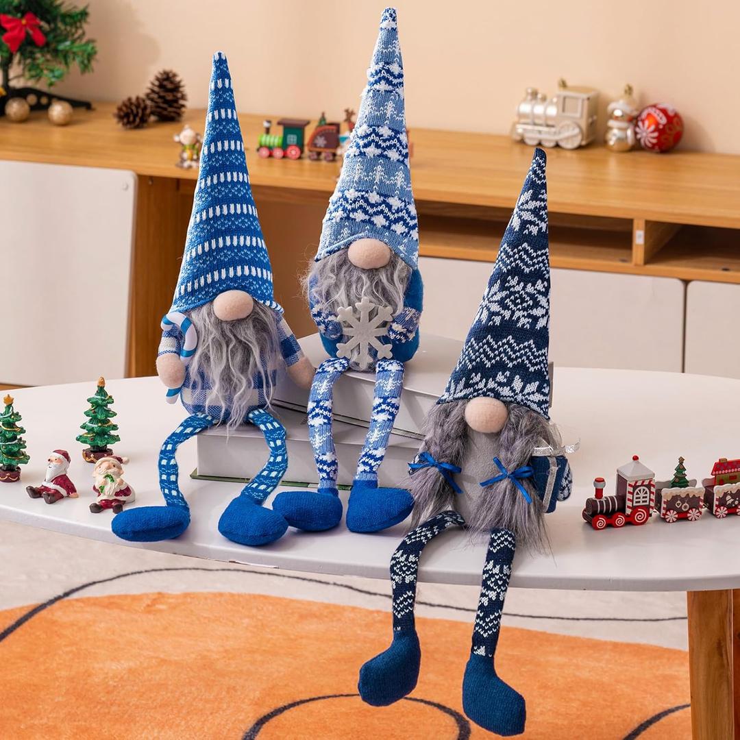 unanscre Blue Christmas Gnomes Plush Decoration - 3PCS Handmade Xmas Long Dangle Leg Winter Gnomes Hold Snowflake Candy Cane Gift Box Swedish Santa Elf Dolls for Home Table Ornament, Tiered Tray Decor
