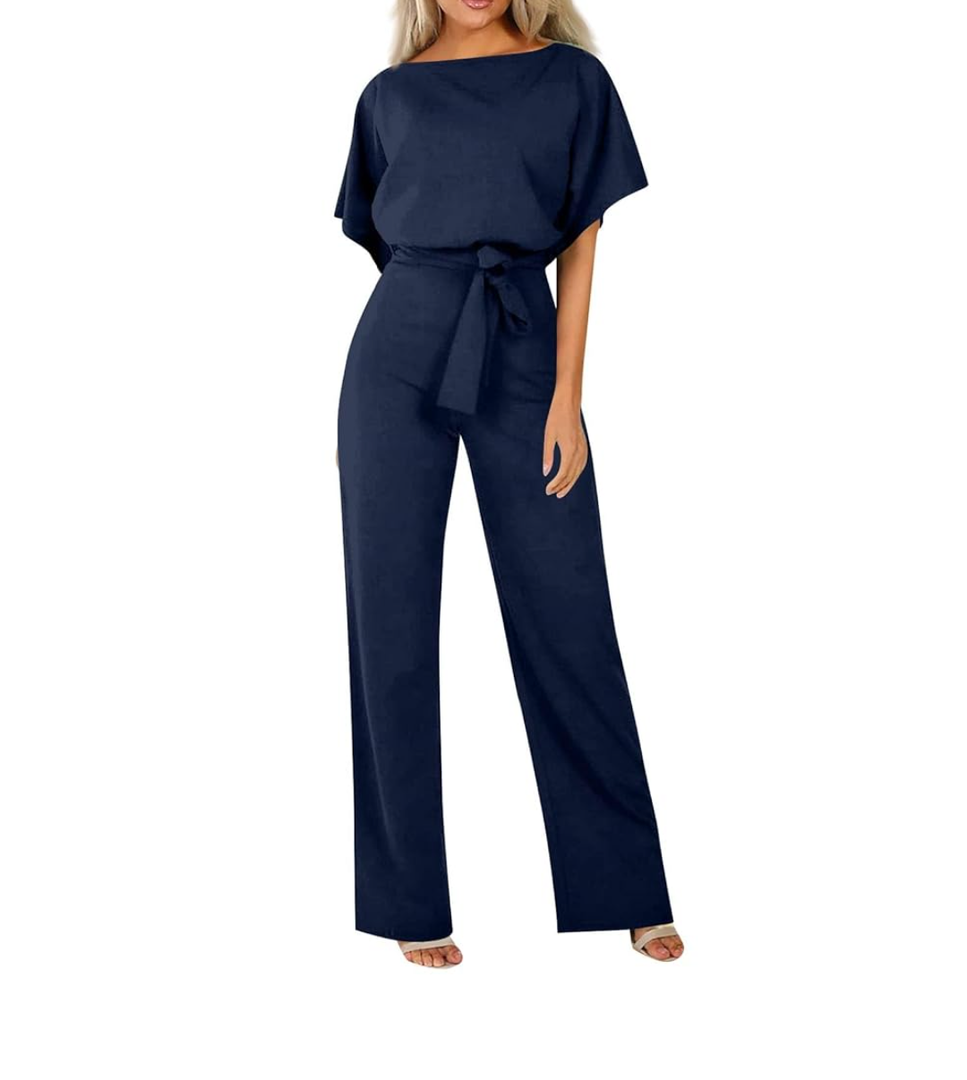 Jumpsuits for Women Dressy Short Sleeve Belted Wide Leg Pant Elegant Long Romper Business Casual One Piece Outfits, Medium